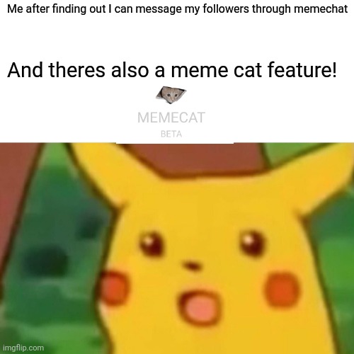 Surprised Pikachu | Me after finding out I can message my followers through memechat; And theres also a meme cat feature! | image tagged in memes,surprised pikachu,memechat,memecat,followers,message | made w/ Imgflip meme maker