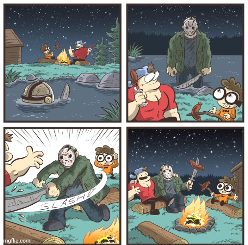 Camping with the Slasher | image tagged in comics,comic,comics/cartoons,slasher,slash,camping | made w/ Imgflip meme maker