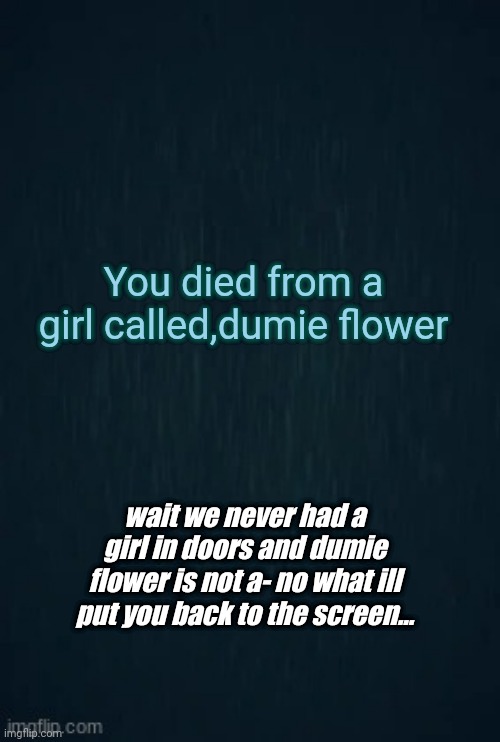 Ok wha... | You died from a girl called,dumie flower; wait we never had a girl in doors and dumie flower is not a- no what ill put you back to the screen... | image tagged in guiding light | made w/ Imgflip meme maker