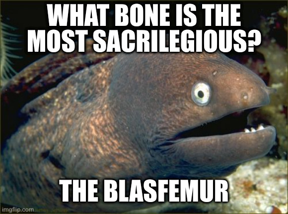 Bad Joke Eel | WHAT BONE IS THE
MOST SACRILEGIOUS? THE BLASFEMUR | image tagged in memes,bad joke eel | made w/ Imgflip meme maker