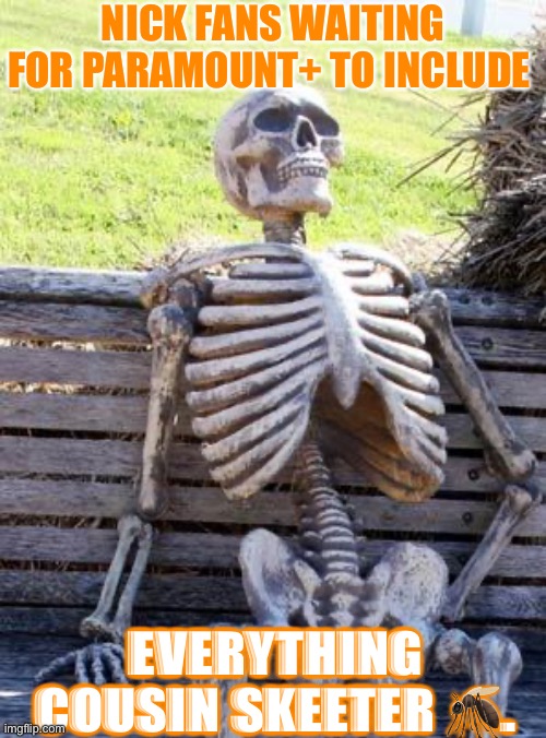 Waiting Skeleton | NICK FANS WAITING FOR PARAMOUNT+ TO INCLUDE; EVERYTHING COUSIN SKEETER 🦟. | image tagged in memes,waiting skeleton | made w/ Imgflip meme maker