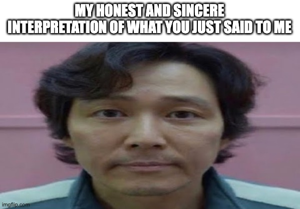 gi hun stare | MY HONEST AND SINCERE INTERPRETATION OF WHAT YOU JUST SAID TO ME | image tagged in gi hun stare | made w/ Imgflip meme maker