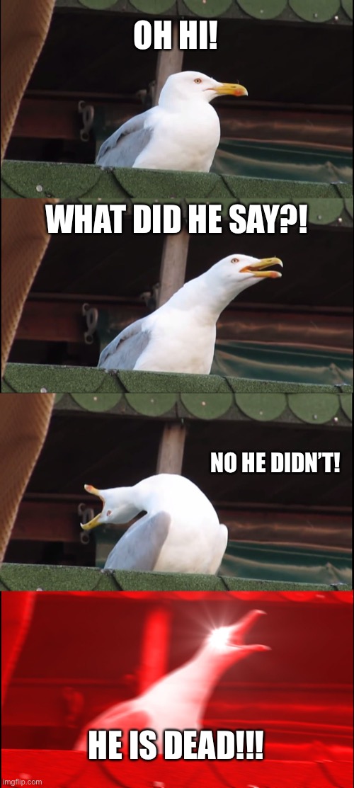Inhaling Seagull Meme | OH HI! WHAT DID HE SAY?! NO HE DIDN’T! HE IS DEAD!!! | image tagged in memes,inhaling seagull | made w/ Imgflip meme maker