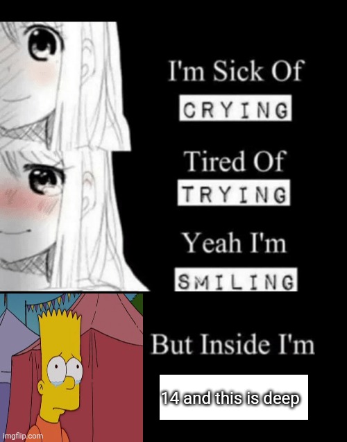 I'm Sick Of Crying |  14 and this is deep | image tagged in i'm sick of crying | made w/ Imgflip meme maker