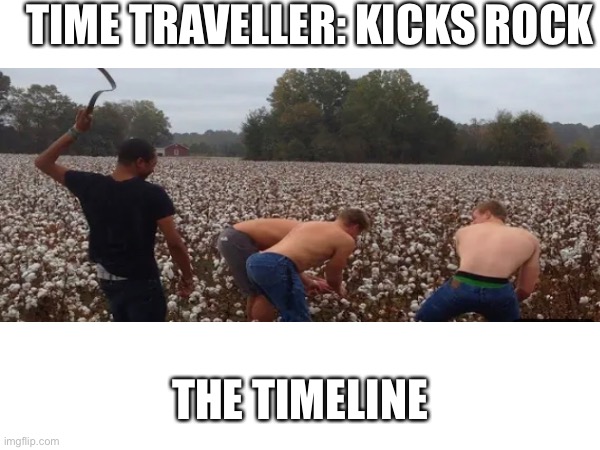 Reversity | TIME TRAVELLER: KICKS ROCK; THE TIMELINE | image tagged in racism,lmao | made w/ Imgflip meme maker