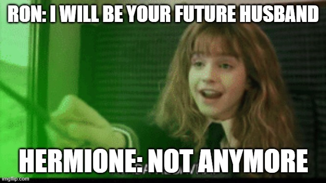 avada kedevra hermione | RON: I WILL BE YOUR FUTURE HUSBAND; HERMIONE: NOT ANYMORE | image tagged in avada kedevra hermione | made w/ Imgflip meme maker