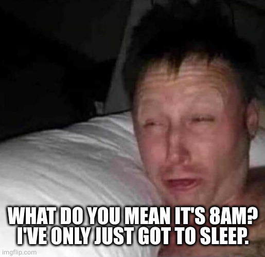 Sleepy guy | WHAT DO YOU MEAN IT'S 8AM? I'VE ONLY JUST GOT TO SLEEP. | image tagged in sleepy guy | made w/ Imgflip meme maker