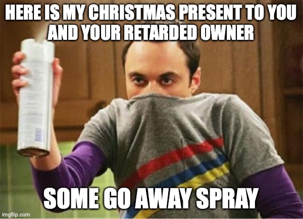 Sheldon - Go Away Spray | HERE IS MY CHRISTMAS PRESENT TO YOU
AND YOUR RETARDED OWNER SOME GO AWAY SPRAY | image tagged in sheldon - go away spray | made w/ Imgflip meme maker