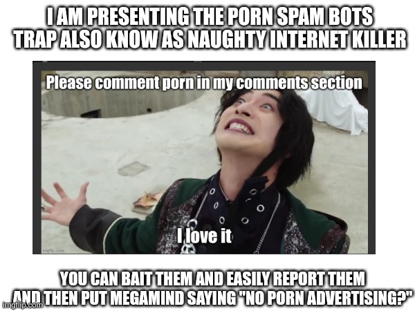 I AM PRESENTING THE PORN SPAM BOTS TRAP ALSO KNOW AS NAUGHTY INTERNET KILLER; YOU CAN BAIT THEM AND EASILY REPORT THEM AND THEN PUT MEGAMIND SAYING "NO PORN ADVERTISING?" | image tagged in no spam | made w/ Imgflip meme maker