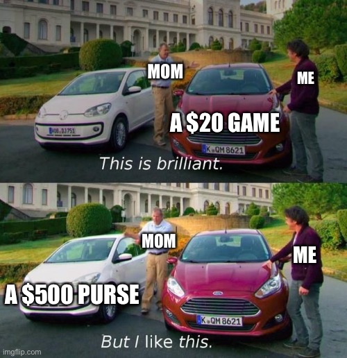 Moms Will Always Choose a Expensive Purse over a Cheap Game |  MOM; ME; A $20 GAME; MOM; ME; A $500 PURSE | image tagged in this is brilliant but i like this,mom,memes,moms,relatable memes,funny | made w/ Imgflip meme maker