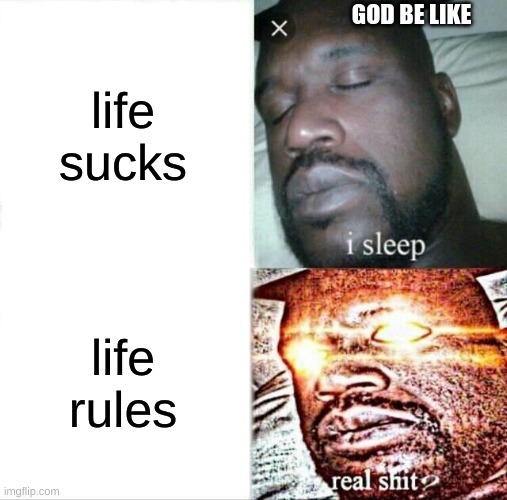 Sleeping Shaq Meme | GOD BE LIKE; life sucks; life rules | image tagged in memes,sleeping shaq | made w/ Imgflip meme maker