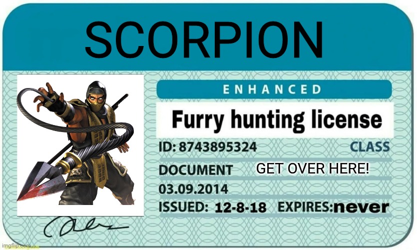 Flawless Victory. |  SCORPION; GET OVER HERE! | image tagged in furry hunting license,scorpion,mortal kombat,gaming | made w/ Imgflip meme maker