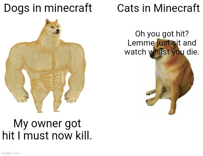 Buff Doge vs. Cheems Meme | Dogs in minecraft; Cats in Minecraft; Oh you got hit? Lemme just sit and watch whilst you die. My owner got hit I must now kill. | image tagged in memes,buff doge vs cheems | made w/ Imgflip meme maker