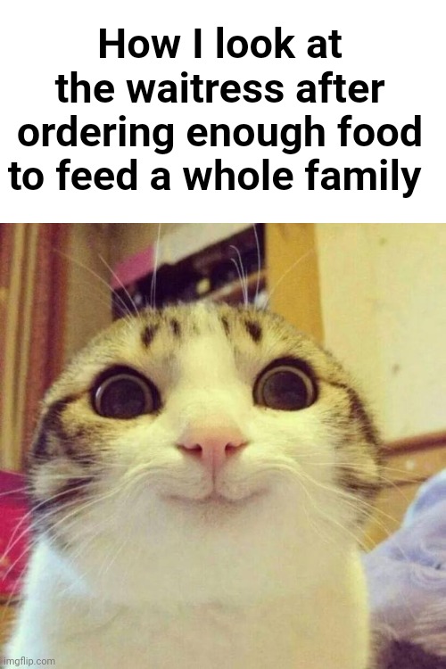 Smiling Cat Meme | How I look at the waitress after ordering enough food to feed a whole family | image tagged in memes,smiling cat | made w/ Imgflip meme maker