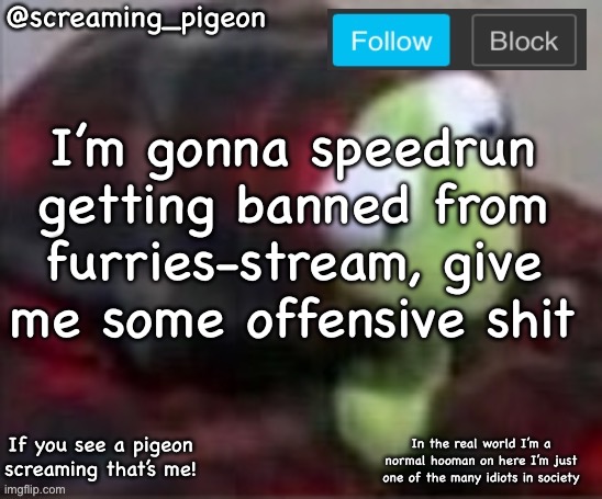 something idk | I’m gonna speedrun getting banned from furries-stream, give me some offensive shit | image tagged in something idk | made w/ Imgflip meme maker