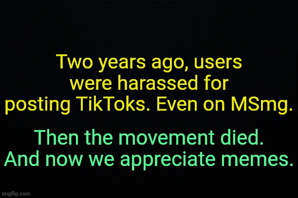 . | Two years ago, users were harassed for posting TikToks. Even on MSmg. Then the movement died. And now we appreciate memes. | image tagged in the black | made w/ Imgflip meme maker