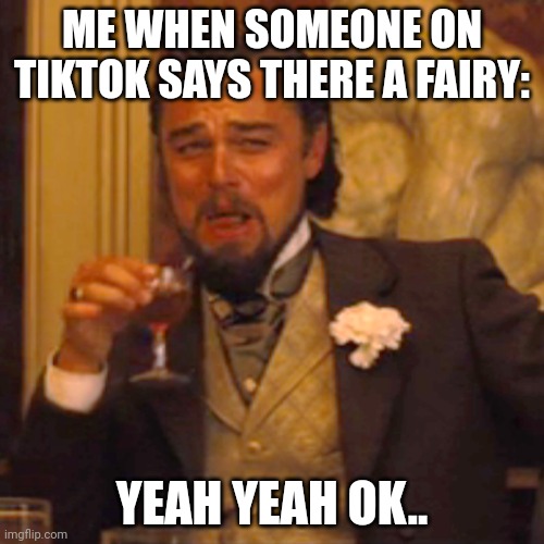 Fake fairies these days tell stories | ME WHEN SOMEONE ON TIKTOK SAYS THERE A FAIRY:; YEAH YEAH OK.. | image tagged in memes,laughing leo | made w/ Imgflip meme maker