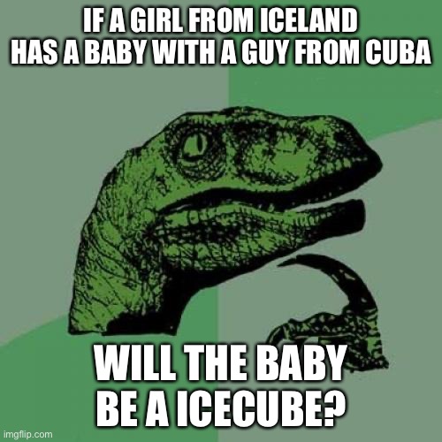 Philosoraptor Meme | IF A GIRL FROM ICELAND HAS A BABY WITH A GUY FROM CUBA; WILL THE BABY BE A ICECUBE? | image tagged in memes,philosoraptor | made w/ Imgflip meme maker