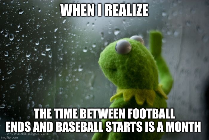 kermit window | WHEN I REALIZE; THE TIME BETWEEN FOOTBALL ENDS AND BASEBALL STARTS IS A MONTH | image tagged in kermit window | made w/ Imgflip meme maker