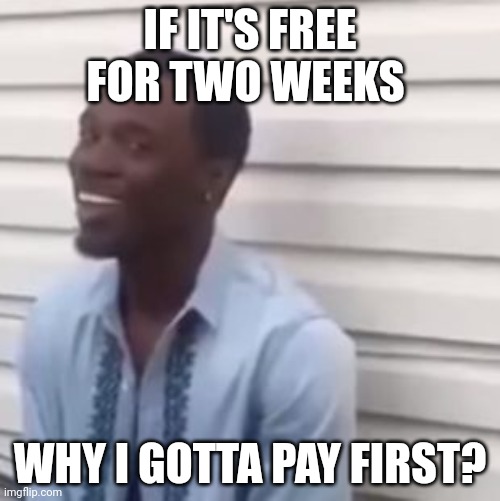 Why you always lying | IF IT'S FREE FOR TWO WEEKS; WHY I GOTTA PAY FIRST? | image tagged in why you always lying | made w/ Imgflip meme maker