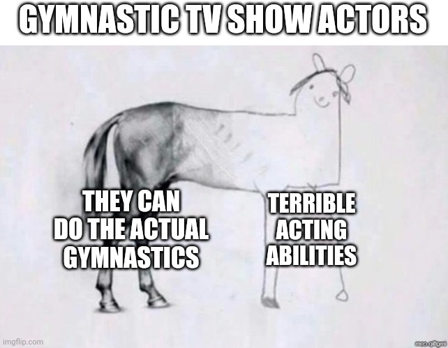 Bad Acting | GYMNASTIC TV SHOW ACTORS; THEY CAN DO THE ACTUAL GYMNASTICS; TERRIBLE ACTING ABILITIES | image tagged in horse drawing,gymnastics,acting | made w/ Imgflip meme maker