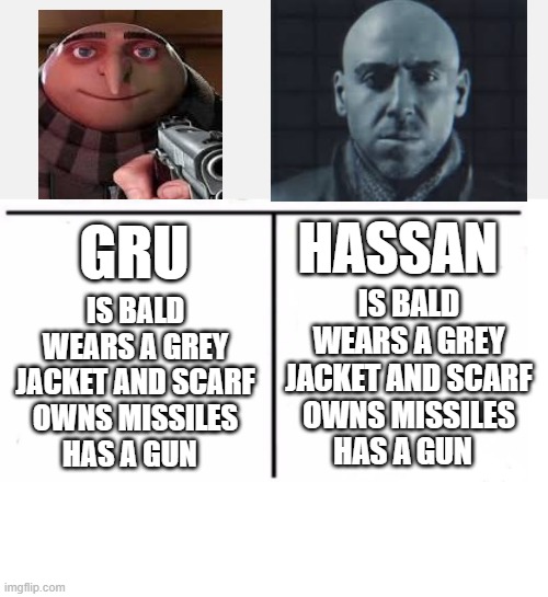 am I right or am I right? | HASSAN; GRU; IS BALD
WEARS A GREY JACKET AND SCARF
OWNS MISSILES
HAS A GUN; IS BALD
WEARS A GREY JACKET AND SCARF
OWNS MISSILES
HAS A GUN | image tagged in comparison table,call of duty | made w/ Imgflip meme maker