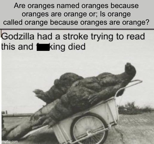 What The F— |  Are oranges named oranges because oranges are orange or; Is orange called orange because oranges are orange? | image tagged in godzilla,godzilla had a stroke trying to read this and fricking died,imgflip,memes,oranges,funny | made w/ Imgflip meme maker