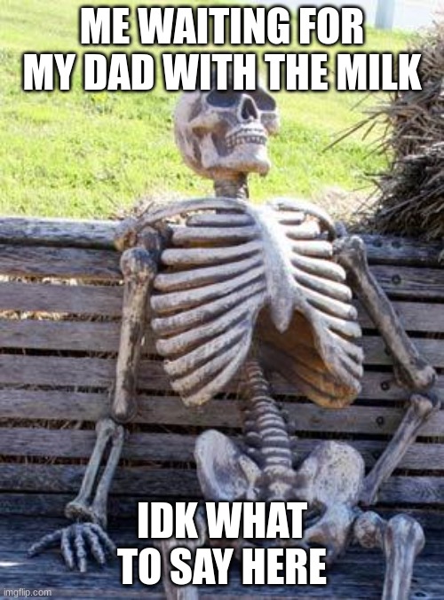 What should I type here??????? | ME WAITING FOR MY DAD WITH THE MILK; IDK WHAT TO SAY HERE | image tagged in memes,waiting skeleton | made w/ Imgflip meme maker