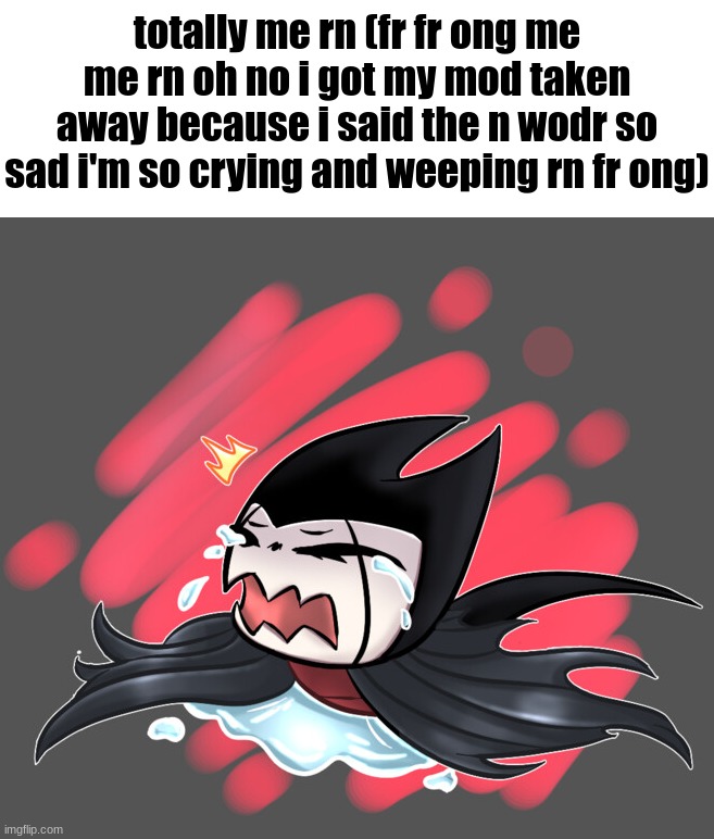 grimmchild crying | totally me rn (fr fr ong me me rn oh no i got my mod taken away because i said the n wodr so sad i'm so crying and weeping rn fr ong) | image tagged in grimmchild crying | made w/ Imgflip meme maker