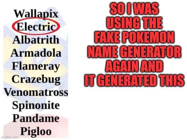 I think its time to give the website to you guys | SO I WAS USING THE FAKE POKEMON NAME GENERATOR AGAIN AND IT GENERATED THIS | image tagged in fake,pokemon,what the hell happened here | made w/ Imgflip meme maker