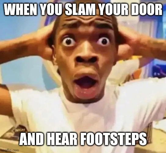 Shocked black guy grabbing head | WHEN YOU SLAM YOUR DOOR; AND HEAR FOOTSTEPS | image tagged in shocked black guy grabbing head | made w/ Imgflip meme maker