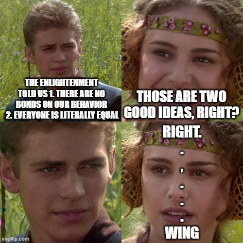 equal before the law. that's it. | THE ENLIGHTENMENT TOLD US 1. THERE ARE NO BONDS ON OUR BEHAVIOR
 2. EVERYONE IS LITERALLY EQUAL; THOSE ARE TWO GOOD IDEAS, RIGHT? RIGHT.


.


,
.

.
.


WING | image tagged in anakin padme 4 panel | made w/ Imgflip meme maker