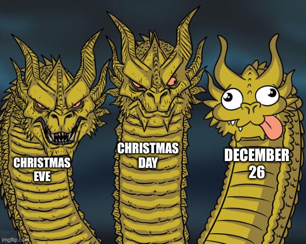 Christmas days | CHRISTMAS DAY; DECEMBER 26; CHRISTMAS EVE | image tagged in three-headed dragon | made w/ Imgflip meme maker