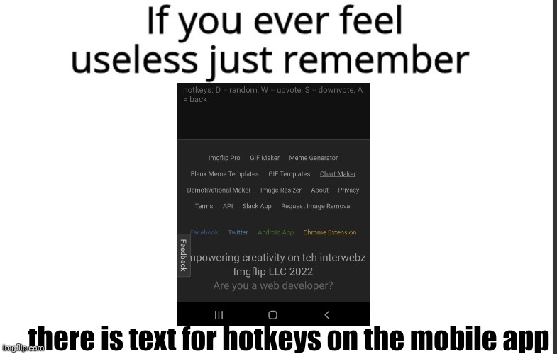like why | there is text for hotkeys on the mobile app | image tagged in if you ever feel useless remember this,memes,funny,phone,mobile | made w/ Imgflip meme maker