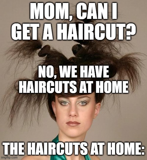 Ugly hair | MOM, CAN I GET A HAIRCUT? NO, WE HAVE HAIRCUTS AT HOME; THE HAIRCUTS AT HOME: | image tagged in ugly hair | made w/ Imgflip meme maker