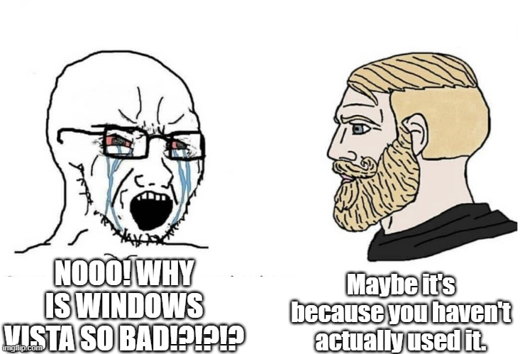 bro windows vista being bad was actually a misconception for most people | Maybe it's because you haven't actually used it. NOOO! WHY IS WINDOWS VISTA SO BAD!?!?!? | image tagged in soyboy vs yes chad,windows 7,windows vista | made w/ Imgflip meme maker