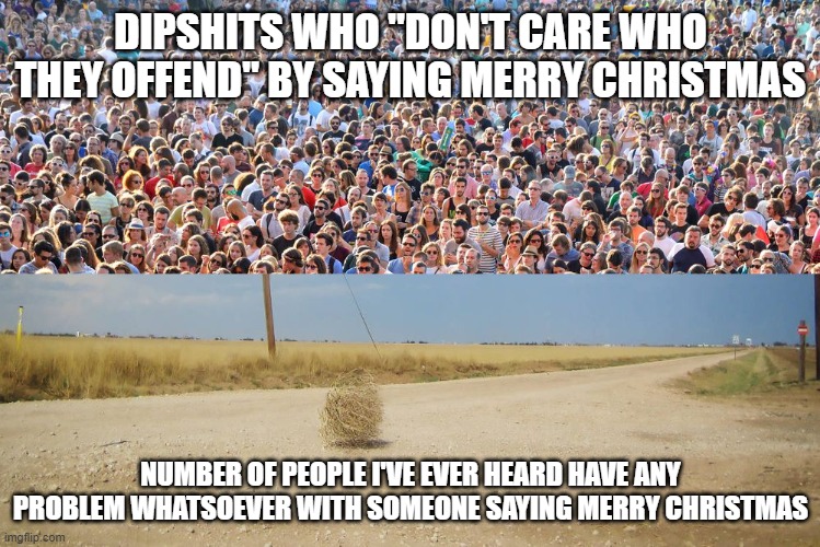 crowd vs tumbleweed | DIPSHITS WHO "DON'T CARE WHO THEY OFFEND" BY SAYING MERRY CHRISTMAS; NUMBER OF PEOPLE I'VE EVER HEARD HAVE ANY PROBLEM WHATSOEVER WITH SOMEONE SAYING MERRY CHRISTMAS | image tagged in crowd vs tumbleweed | made w/ Imgflip meme maker