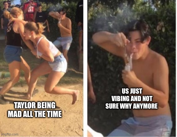 Asdff | US JUST VIBING AND NOT SURE WHY ANYMORE; TAYLOR BEING MAD ALL THE TIME | image tagged in dabbing dude | made w/ Imgflip meme maker