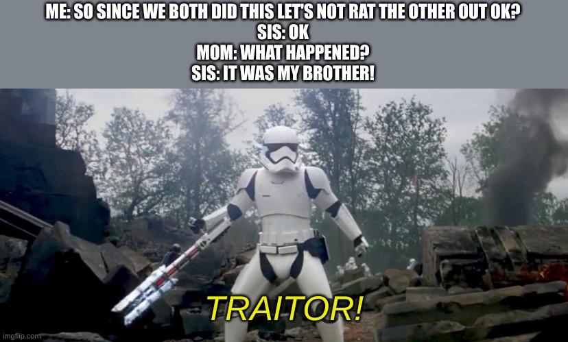 why you little sh- | ME: SO SINCE WE BOTH DID THIS LET'S NOT RAT THE OTHER OUT OK?
SIS: OK
MOM: WHAT HAPPENED?
SIS: IT WAS MY BROTHER! TRAITOR! | image tagged in star wars traitor | made w/ Imgflip meme maker