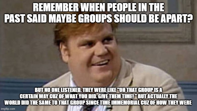 sad but true | REMEMBER WHEN PEOPLE IN THE PAST SAID MAYBE GROUPS SHOULD BE APART? BUT NO ONE LISTENED. THEY WERE LIKE "OH THAT GROUP IS A CERTAIN WAY CUZ OF WHAT YOU DID. GIVE THEM TIME! " BUT ACTUALLY THE WORLD DID THE SAME TO THAT GROUP SINCE TIME IMMEMORIAL CUZ OF HOW THEY WERE | image tagged in chris farley awesome | made w/ Imgflip meme maker