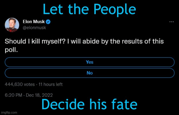 Vote Like His Life Depends on It | Let the People; Decide his fate | image tagged in elon musk,twitter,elon musk twitter | made w/ Imgflip meme maker
