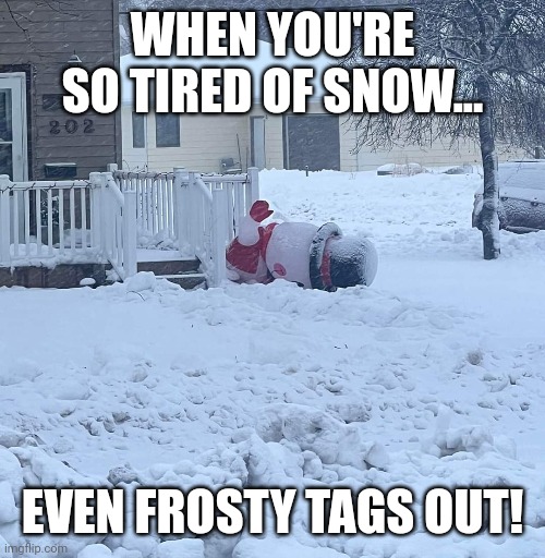 Frosty tags out of winter | WHEN YOU'RE SO TIRED OF SNOW... EVEN FROSTY TAGS OUT! | image tagged in winter,frosty | made w/ Imgflip meme maker