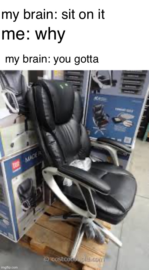 walking through costco and you see a chair on a pallette | my brain: sit on it; me: why; my brain: you gotta | image tagged in chair,costco,funny,memes,my brain,you gotta | made w/ Imgflip meme maker