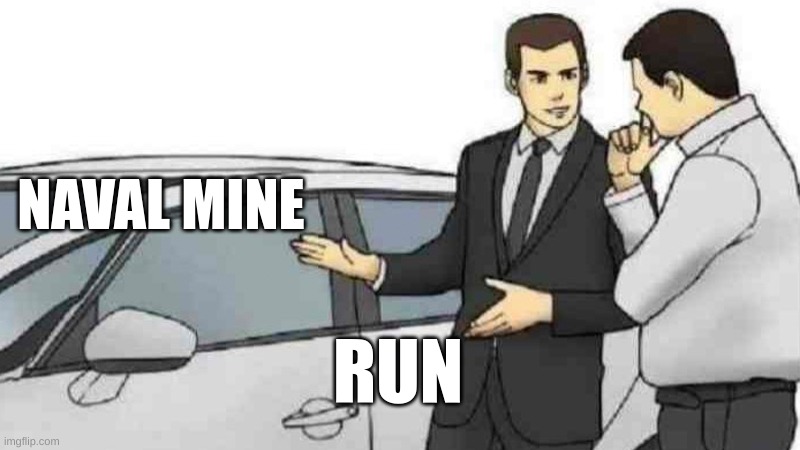 Naval Mines | NAVAL MINE; RUN | image tagged in memes,car salesman slaps roof of car | made w/ Imgflip meme maker