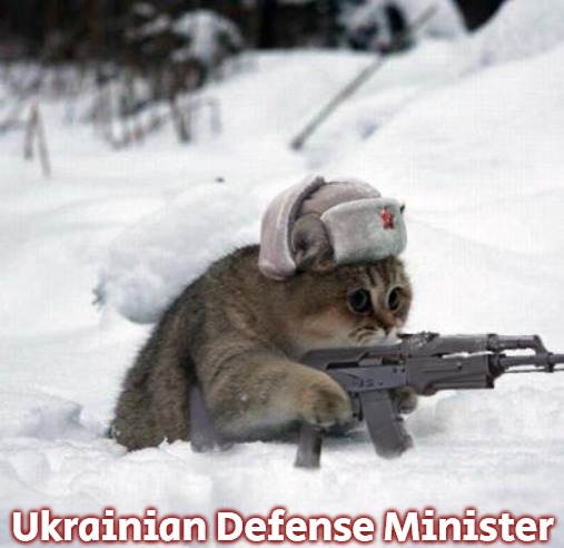 Cute Sad Soviet War Kitten | Ukrainian Defense Minister | image tagged in cute sad soviet war kitten,slavic | made w/ Imgflip meme maker