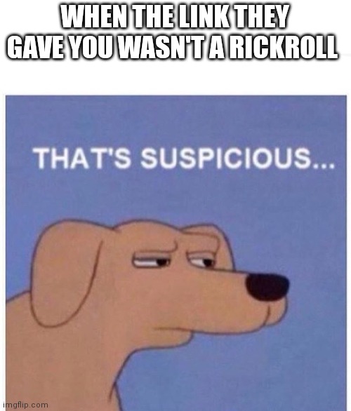 That's suspicious  | WHEN THE LINK THEY GAVE YOU WASN'T A RICKROLL | image tagged in that's suspicious | made w/ Imgflip meme maker