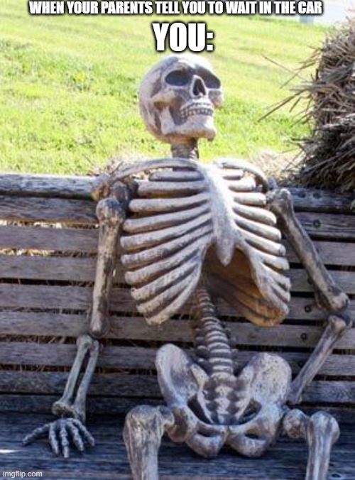 waiting in the car | WHEN YOUR PARENTS TELL YOU TO WAIT IN THE CAR; YOU: | image tagged in memes,waiting skeleton,cars,kids | made w/ Imgflip meme maker