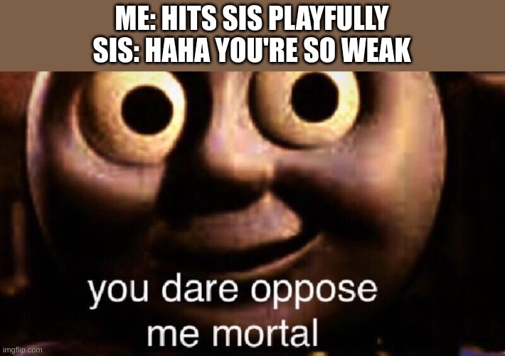 You dare oppose me mortal | ME: HITS SIS PLAYFULLY
SIS: HAHA YOU'RE SO WEAK | image tagged in you dare oppose me mortal | made w/ Imgflip meme maker