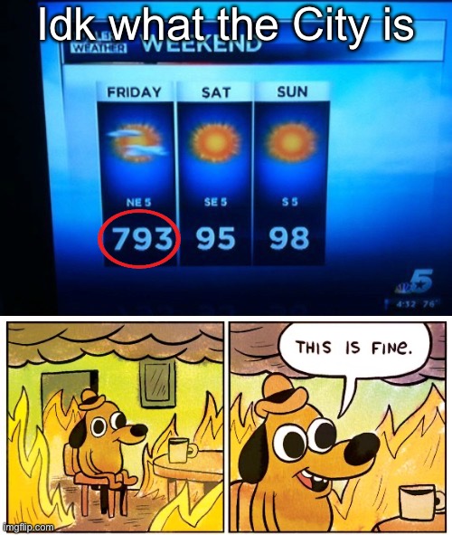 Oh God no | Idk what the City is | image tagged in memes,this is fine,you had one job,weather,design fails,news | made w/ Imgflip meme maker