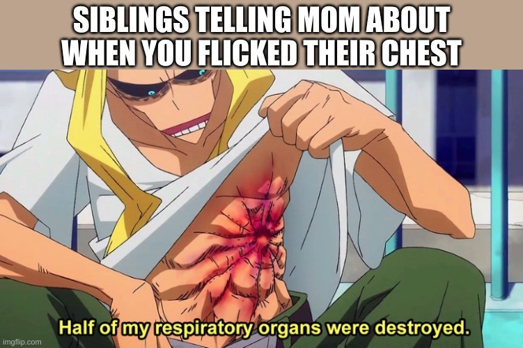 Half of my respiratory organs were destroyed | SIBLINGS TELLING MOM ABOUT WHEN YOU FLICKED THEIR CHEST | image tagged in half of my respiratory organs were destroyed | made w/ Imgflip meme maker